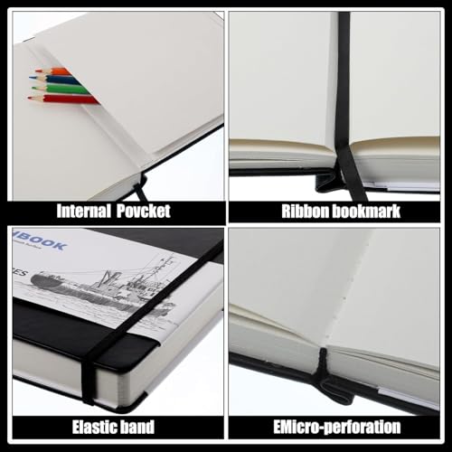 Hardcover Sketchbook 5×7 in, 180 GSM, 80 Sheets/160 Pages, Black | Acid-Free Heavy Paper, Pu Cover, Perforated Pages, Elastic Closure, Back Pocket, for Drawing & Sketching - size: 5×7 Inch (1 Pack)