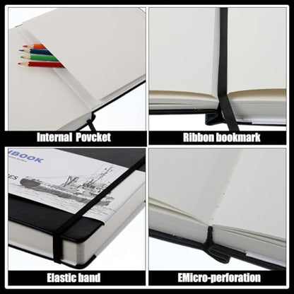 Hardcover Sketchbook 5×7 in, 180 GSM, 80 Sheets/160 Pages, Black | Acid-Free Heavy Paper, Pu Cover, Perforated Pages, Elastic Closure, Back Pocket, for Drawing & Sketching - size: 5×7 Inch (1 Pack)