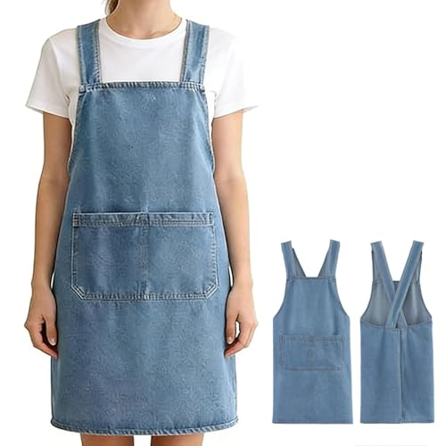 Denim Cross Back Aprons for Women with Front Pockets | Lightweight Cotton Adult Apron, Kitchen Cooking, Gardening, Painting, Pottery & Crafting, Durable & Stain-Resistant - color: Light Blue