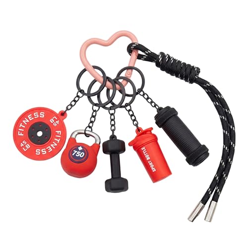 Gym Keychain Motivational Fitness Accessories with Dumbbell Kettlebell Barbell Yoga Mat Charms Weightlifting Keyring - color: Black+red