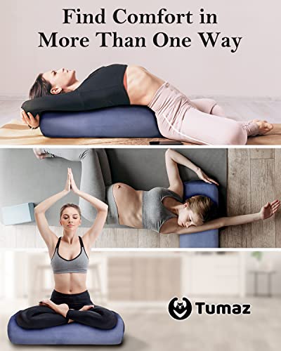 Tumaz Yoga Bolster Set, Rectangular Yoga Bolster with Washable Cover | Soft bolster for restorative yoga, meditation and stretching. Includes 8-ft strap, carry handle and washable cover - color: Classic Blue