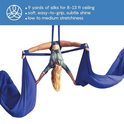 Aerial Silks Starter Kit, 9 Yards, Aerial Yoga Hammock, Hardware | Knitted fabric with pose guide, for aerial yoga, gymnastics, silk swing, stretching and home gym use, suitable for all levels - color: Navy