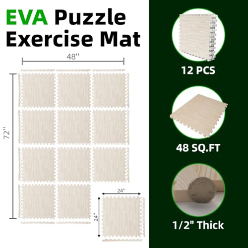 Art3d 12 Pack 24" x 24" EVA Interlocking Exercise Mats, 1/2" Thick Foam Puzzle Flooring for Workout, Gym Equipments, Training Areas, 48 Sq.FT, White Oak - color: White Oak, size: 48 Sq Ft