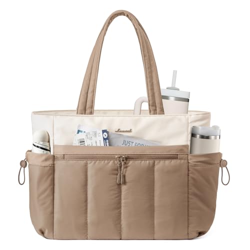 LOVEVOOK Puffer Laptop Bag for Women, Ultra-Lightweight Work Bag Tote w/Organized Compartments, 15.6/17.3“, for Travel&Work - color: Champagne, size: 15.6 Inch