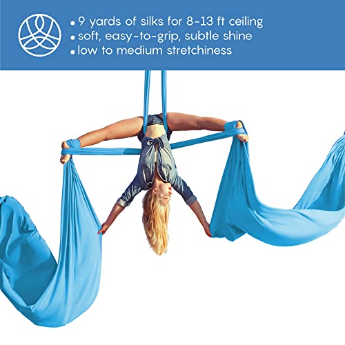 Aerial Silks Starter Kit, 9 Yards, Aerial Yoga Hammock, Hardware | Knitted fabric with pose guide, for aerial yoga, gymnastics, silk swing, stretching and home gym use, suitable for all levels - color: Sky Blue