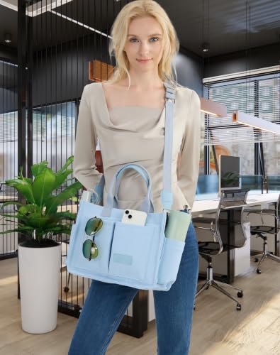 ZHMO Canvas Tote Bag for Women,Women's Bags Crossbody Bags Work Laptop Tote Bag Large Handbags Purse for Travel Nurse Teacher - color: New Upgrade Light Blue With Compartments and Side Cup Holders