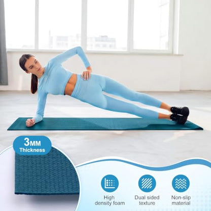 Funtery 3 mm Thin Yoga Mats Bulk, 68 x 24 Inches Lightweight PVC Exercise Mats Non Slip Workout Fitness Pads for Yoga Pilates Stretching Classes Gym Home Studio - color: Ocean Blue