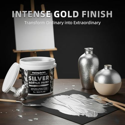 Falling in Art 33.8 Oz Heavy Body Silver Metallic Acrylic Paint, Non-Toxic | Art Craft Paints for Canvas, Wood, Clay, Fabric, Metal, Furniture - color: Silver