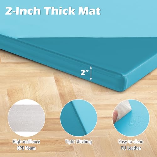 Giantex 4'x10'x 2" Gymnastics Mat, 4-Panel Folding Aerobics Exercise Mat w/Hook & Loop Fastener, Carrying Handle, Portable Tumbling Mat for Stretching Yoga Cheerleading Martial Arts - color: Light Blue/Blue