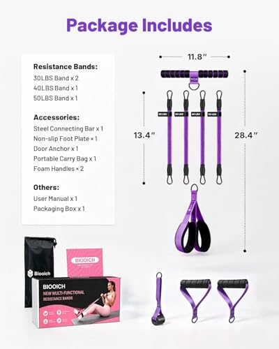 Multifunction Pedal Resistance Band with Handle, 4 Tubes 30/40/50LB Adjustable Foot Pedal Puller Resistance Band with Foam Handle& Storage for Men Women Core, Arm, Legs, Body Workout Home Gym, Purple