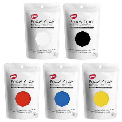 BOHS Foam Clay, 5 Primary Colors, Air Dry Modeling Clay, 1.1 lb | Color mixing; crack-free finish; crumb-free workspace; resealable bags; EVA and polystyrene foam, glass and metal details
