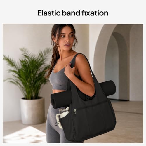 TOPEAST Foldable Tote Bag for Women with Yoga Mat Holder,Travel Tote Bag with Water Bottle Pocket,Lightweight Workout Gym Bag - color: Black