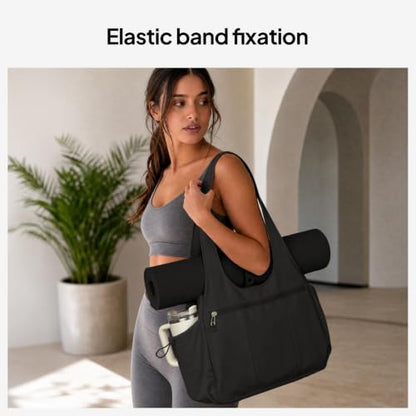 TOPEAST Foldable Tote Bag for Women with Yoga Mat Holder,Travel Tote Bag with Water Bottle Pocket,Lightweight Workout Gym Bag - color: Black
