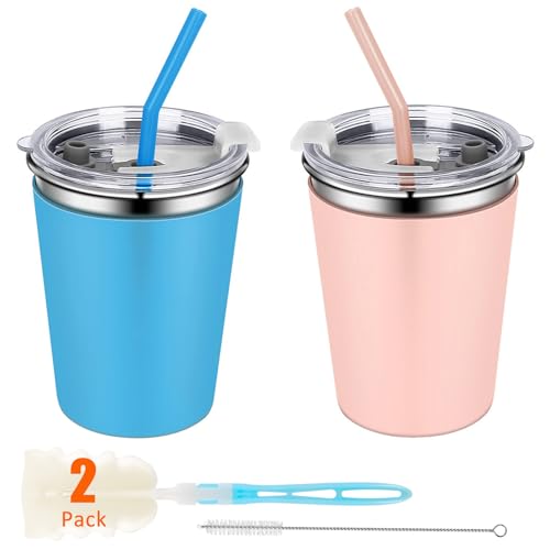 2 Pack Kids Cups with Straws and Lids Leak Proof, 12oz | Sippy Cups for Toddlers with Colorful Sleeves, Unbreakable Stainless Steel Water Tumblers (Blue & Peach) - color: Blue/Peach