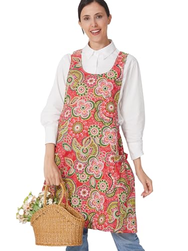 Cozy Adjustable Cross Back Aprons for Women with Pockets Cotton Linen Cooking Kitchen Baking - color: Red Flowers