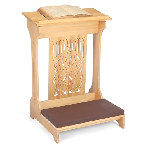 Colingmill Tree of Life Church Prayer Bench Stool Wooden Padded Kneeler with Shelf and Cushion Prayer Kneeler for Home Church Religious Gifts, 24 x 22 x 32 inches (Medium Oak Color)