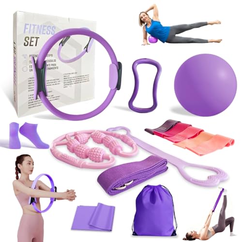 Home Workout Pilates Kit for Women, Better me Pilates Ring and Ball Set Essentials Equipment, with 5 Resistance Bands, Massager Roller, Yoga Starter Accessories for Toning Arms, Thighs & Core - color: Purple -14 Pcs