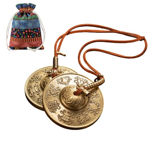 Tibetan Meditation Bell, Brass Tingsha Cymbals with Cloth Bag - size: Eight Symbols with Beads