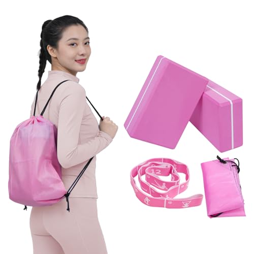 Yoga Blocks 2 Pack with Elastic Stretch Band & Bag – High Density Foam Yoga Blocks for Stability, Deep Stretching & Balance, 12-Loop Resistance Strap for Yoga, Pilates, Dance & Flexibility Training - color: Pink+Pink