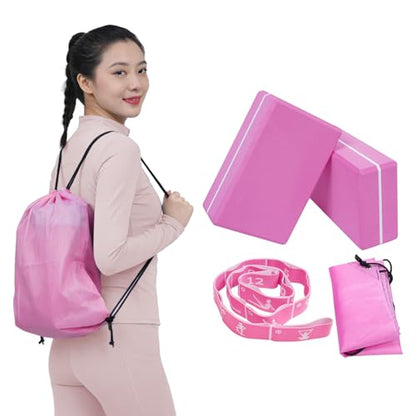 Yoga Blocks 2 Pack with Elastic Stretch Band & Bag – High Density Foam Yoga Blocks for Stability, Deep Stretching & Balance, 12-Loop Resistance Strap for Yoga, Pilates, Dance & Flexibility Training - color: Pink+Pink