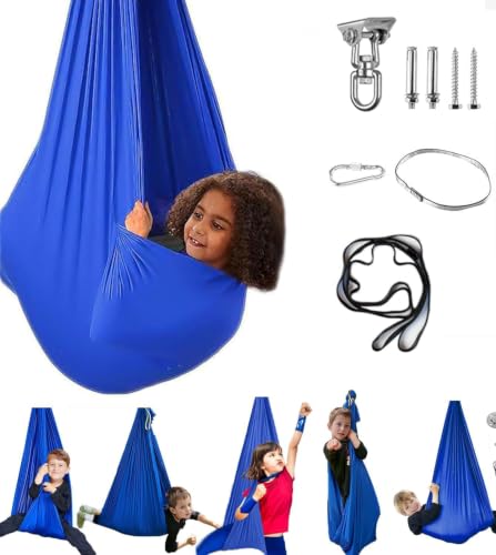 Aokitec Sensory Swing for Kids & Adult, Indoor Outdoor Cuddle Hammock Chair | Therapy swing for Special Needs, Autism, ADHD, Adjustable, Soft Nylon 59''x67'', 360 Swivel Hanger, All Hardware Included - color: Blue-1