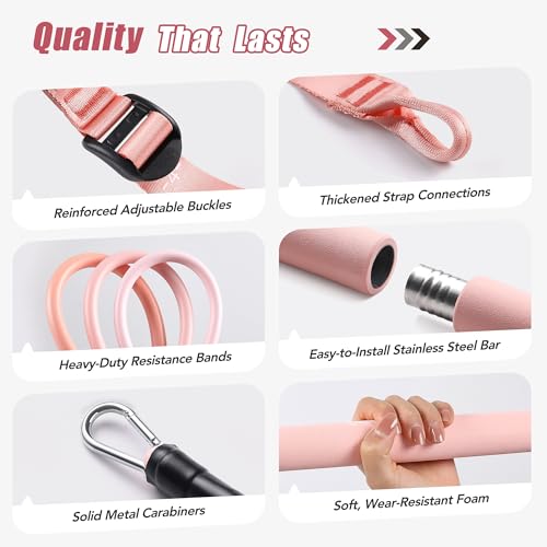 Upgraded Pilates Bar Kit with Resistance Bands Natural Latex for Women & Men, Heavy-Duty Stainless Steel Multifunctional Yoga Pilates Stick for Home Gym Exercise Fitness Equipment Full-Body Workouts - color: Rose Pink