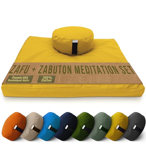 Bean Products Meditation Cushion Mat Set - Zafu Floor Pillow Organic Buckwheat Pillow + Cotton Filled Zabuton Prayer Pad - Meditation Pillow Yoga Knee Pad - Made in USA - 14" Round or 18" Oval - color: Lhassa Gold - 10oz Cotton Canvas, size: Round Combo