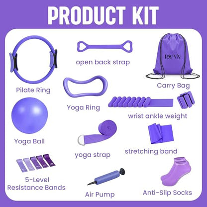 Pilates Kit for Women – 16 Pcs Home Pilates Equipment Set with Magic Circle Ring, Ball, 5 Resistance Bands, Yoga Strap, Ankle Weights, Grip Socks & More | Pilates Starter Kit - color: Purple
