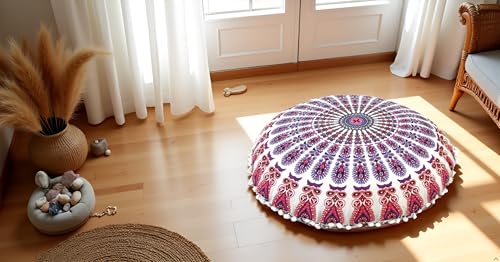CRAFT KALA 32" Large Round Bohemian Floor Pillow Cover Boho Pouf Cover Mandala Meditation Room Pillows Cover Adults Seating Poufs Cushion Cover for Kids Reading Playroom New Pink Mirchi - color: New Pink Mirchi