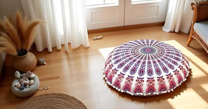 CRAFT KALA 32" Large Round Bohemian Floor Pillow Cover Boho Pouf Cover Mandala Meditation Room Pillows Cover Adults Seating Poufs Cushion Cover for Kids Reading Playroom New Pink Mirchi - color: New Pink Mirchi
