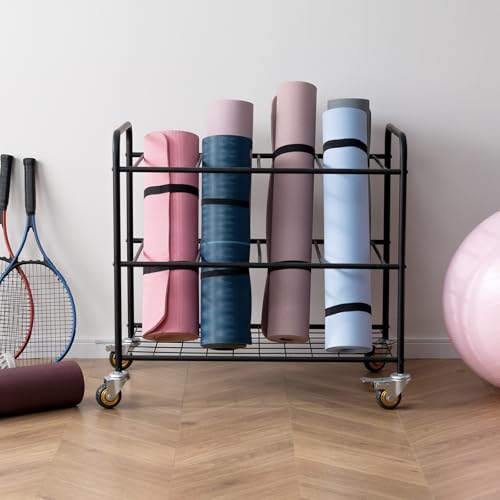 MyGift Yoga Mat Storage Rack with 4 Caster Wheels, Matte Black Rolling Yoga Mat Holder for Floor Workout Exercise Gym, Foam Roller Organizer