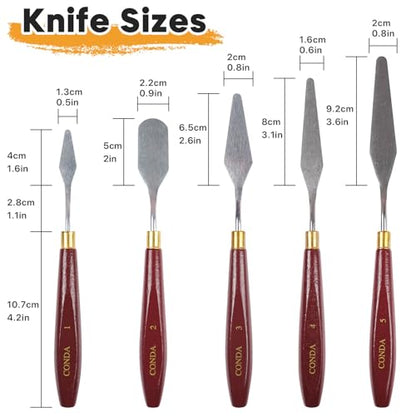 CONDA 5 Pcs Palette Knife Painting with 3 Plastic Scrapers, Stainless Steel Spatula Palette Knife Oil Paint Metal Knives Wood Handle