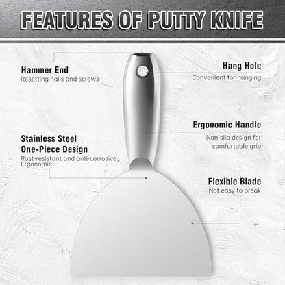 Fishark Putty Knife Set, 2" 3" 4" 6" 8" All-Stainless Steel Scraper, 5Pcs | Spackle Knife, Flexible Blade, Easy Clean, for Drywall Repair, Removing Wallpaper, Mud, Applying Plaster & DIY projects - color: 2" 3" 4" 6" 8"