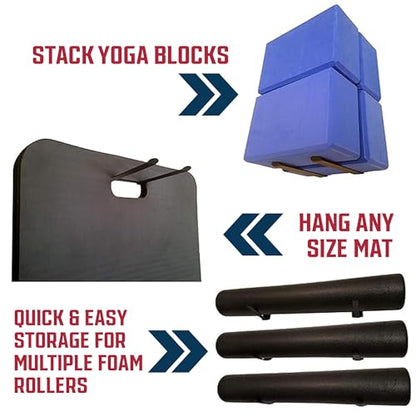 IRON AMERICAN Yoga Mat Hanger - Adjustable Hooks for Exercise Mats, Foam Rollers & Gym Equipment Storage - Wall Mounted - Hardware Included - (6.75" x .75") - American Steel - style: 1-PAIR