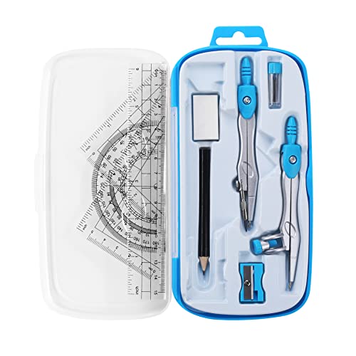 Unjoo Math Geometry Set 10 Pcs, Compass and Protractor for Students(Blue) | Shatterproof Storage Box,Rulers,Protractor,Compass,Eraser,Pencil Sharpener,Lead Refills,Pencil,for Classroom, Back to School - color: Blue