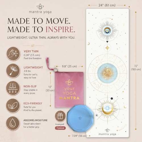 Mantra Yoga Travel PRO 1.5mm with Knee Pad - Foldable Fitness & Exercise Mat with Bag | Lightweight, Compact & Eco-Friendly | Non-Slip & Washable | For All Types of Yoga | 72" L x 24" W | 2.6 lbs - color: WhiteSky