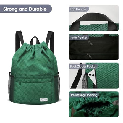 Waterproof Drawstring Backpack Sports Gym Sackpack with Mesh Pockets Water-Resistant String Cinch Beach Bag for Men Women - color: Solid - Green