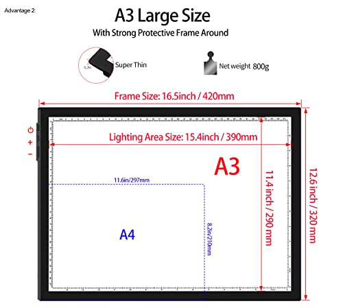 WELZK A3 Light Board with Side Buttons,16.6×12.6 Inch Light Pad | Side Button Design, 9 Levels + Stepless Dimming, 5000 Lux, No Shadow, for Diamond Painting Tracing Weeding Vinyl, Diamond Art - style: A3 1-Color