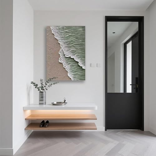 NANKAI Art Hand-painted white and green thick texture abstract oil painting Waves beach landscape oil painting home wall decoration art 40x28 Inches - color: NKHB248