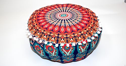 CK 18 Inch Round Orange Mandala Floor Cushion Cover, Orange Bohemian Pouf Cover, Cotton Ottoman Floor Pillow Cover, Decorative Meditation Yoga Cushion Case for Living Room, Home Decor (Cover Only) - color: Orange, size: 18"D x 18"W x 5"H