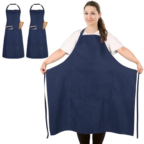 2 Pack Plus Size Waterproof Cooking Chef Apron with 2 Pockets for Men Women | Extra Large Design, Adjustable Neck Straps, Long Waist Ties, Professional Bib Aprons for Kitchen, Grilling, Gardening, Baking - color: Navy Blue