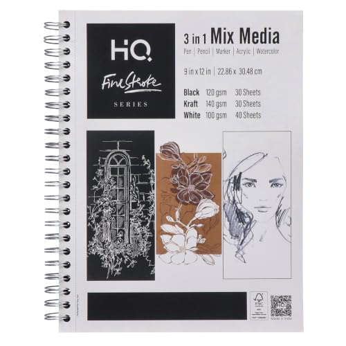 HQ Finestroke 3 in 1 Mix Media Sketchbook, 9 x 12 Inches Art Pad, Mixed Paper for Sketching, Drawing and Painting, Top Wiro Binding, 30 Sheet