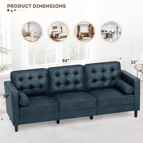 84" Suede Leather Sofa with 2 Soft Pillows, Blue - color: Blue, size: 84" Sofa
