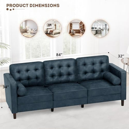 84" Suede Leather Sofa with 2 Soft Pillows, Blue - color: Blue, size: 84" Sofa