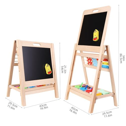 QZMTOY Kids Art Easel, Deluxe Standing Easel Set, Adjustable Art Table, Dry Erase Board & Chalkboard Double Sided Stand, 360 Rotating Drawing Easels with Art Supplies, Adjust Height 28-39in