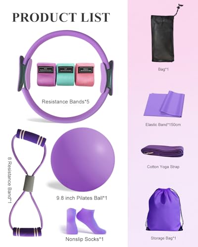 Pilates Essentials Kit for Women, Yoga Starter Set for Home Workouts with Pilates Ring and Yoga Ball Set, 3 Resistance Bands, Storage Bag, Full Pilates Set for Toning Arms, Thighs & Core