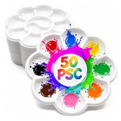 Paint Palettes, 50 Pcs, One Time Use Plastic, White 5.1 inch | Mini Watercolor Painting Palettes for Students, Kids, Paint Holder, DIY Craft Class, Paintings - color: White