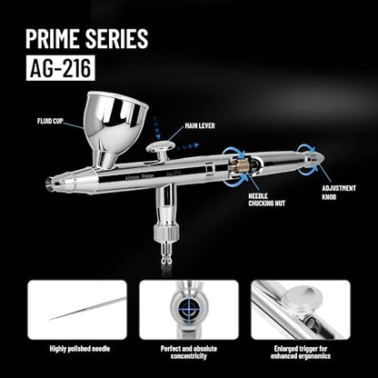 Airgoo Prime Series Airbrush Kit AG-216 Dual Action Gravity Feed Airbrush Kit with 0.3mm/0.5mm Nozzles & Needles, 7CC/10CC Fluid Cups for Tattoo, Modeling, Cake Decor, Nail Painting