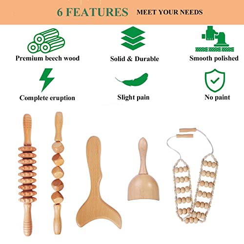 Wood Therapy Massage Tools Professional Maderoterapia Kit Body Sculpting Tools for Lymphatic Drainage and Anti-Cellulite.Wood Massager Roller Rpoe for Back and Muscle Pain Relief (5pcs)