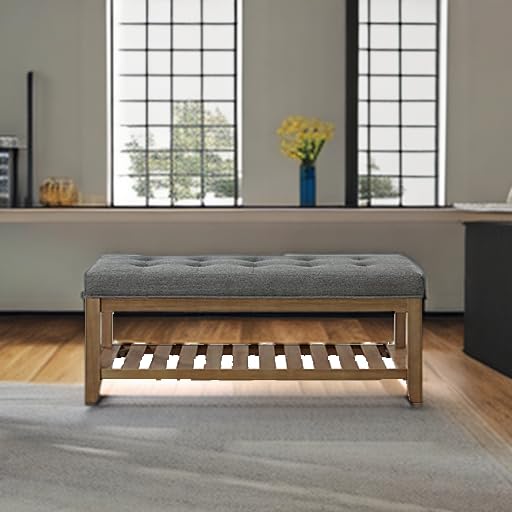 24KF Large Rectangular Upholstered Tufted Linen Fabric Ottoman Bench, Padded Bench with Solid Wood Shelf-Granite - color: Granite-bench, size: 15.8"D x 44"W x 18"H